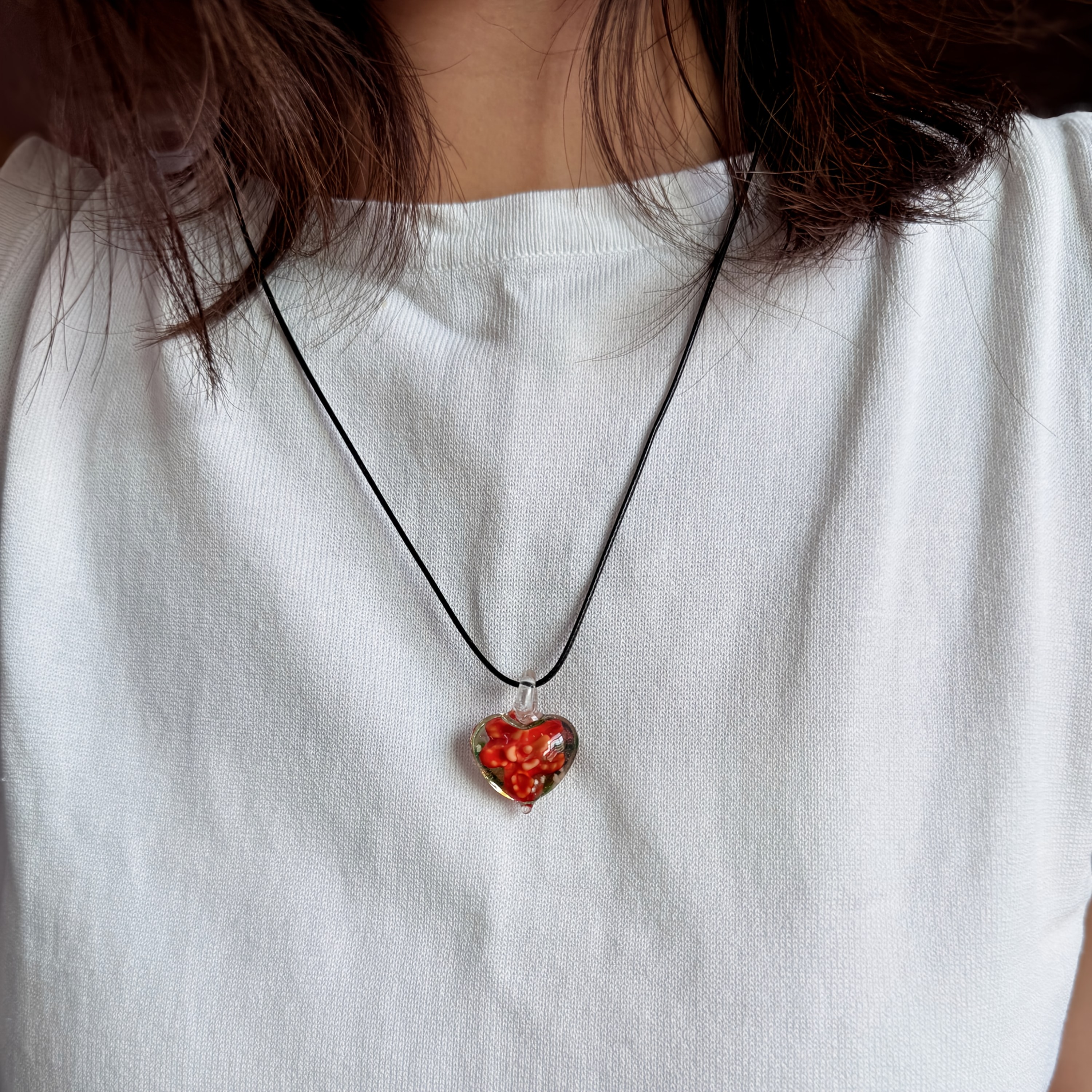 Handmade Glass Necklace with Glowing Heart Pendant, Floral Design